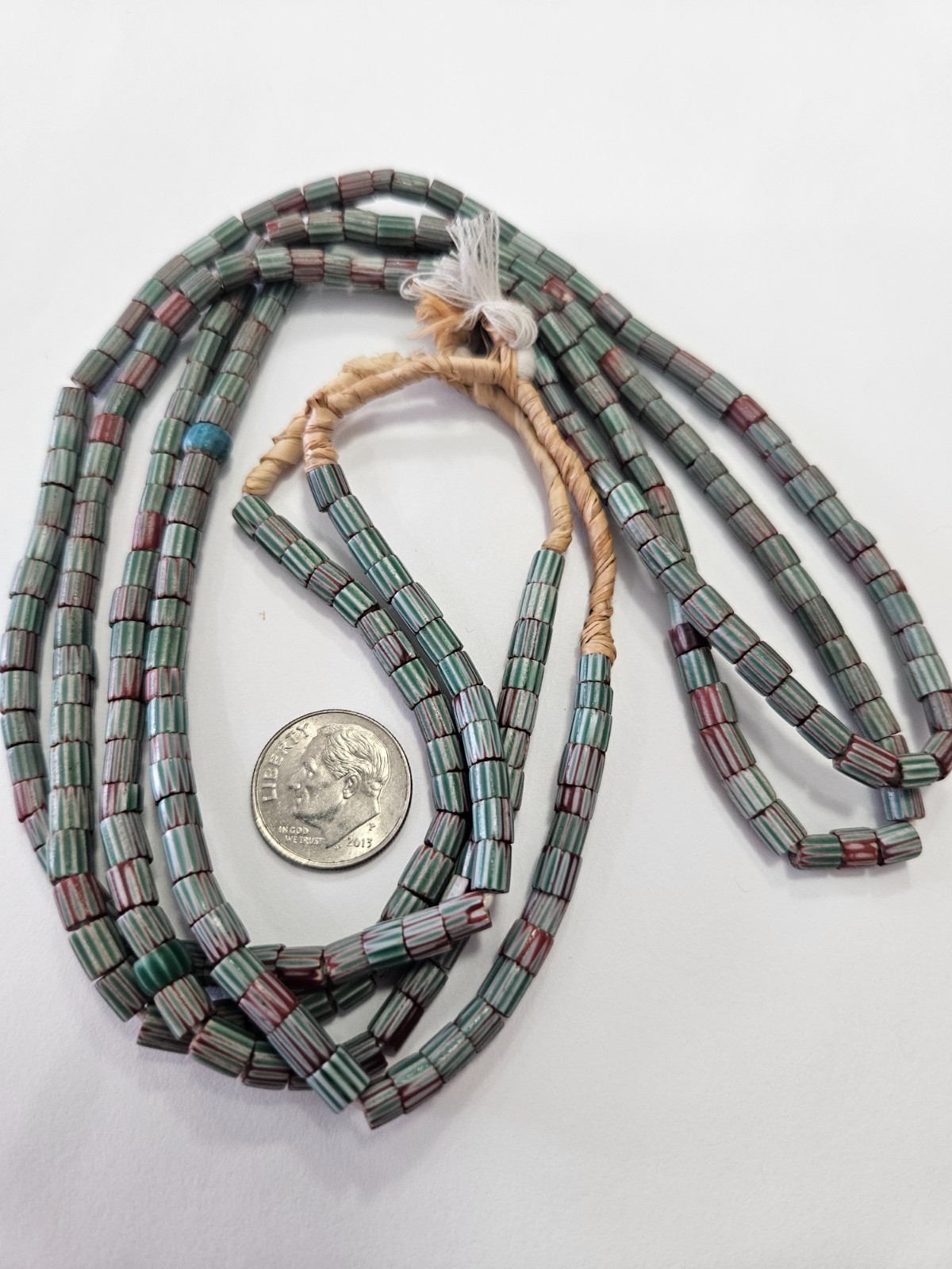 2 Strands Antique Small Venetian Chevron Beads White Core Green Red Stripes 23"