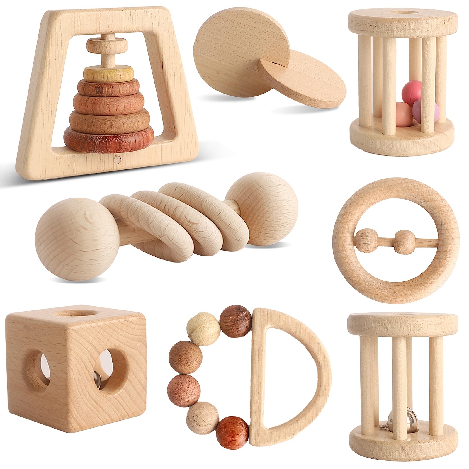 Wooden Baby 8pcs, Montessori Toys for Babies 1-3 Years Old, Wooden Rattles Se...