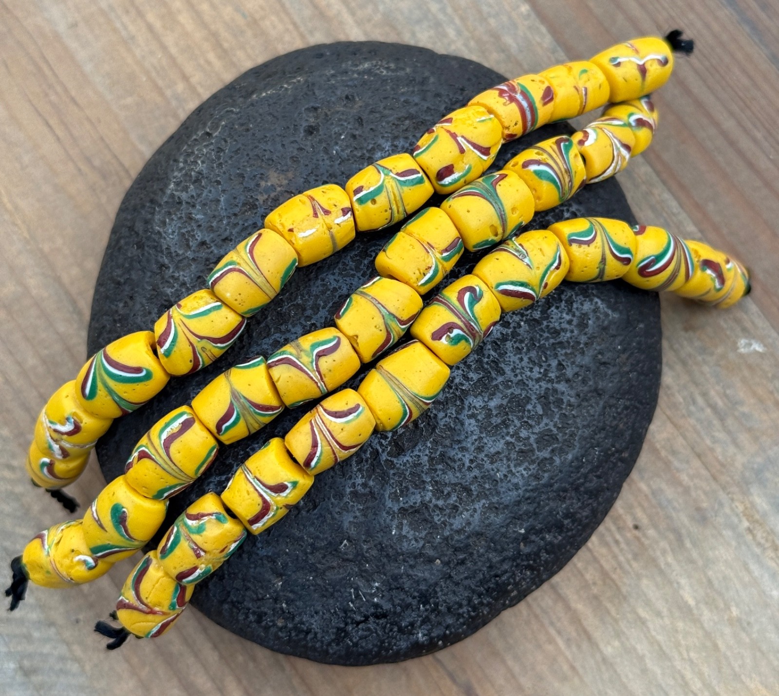 Yellow Venetian Feathered Glass West African Beads Trade Vintage Antique