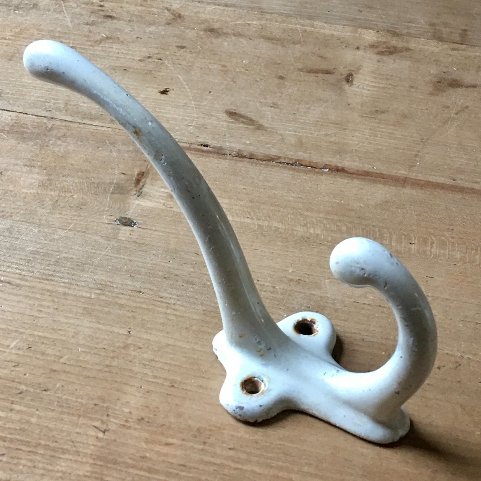 Antique Large White Enameled Iron Coat Hook Old Vintage LARGE VICTORIAN Old