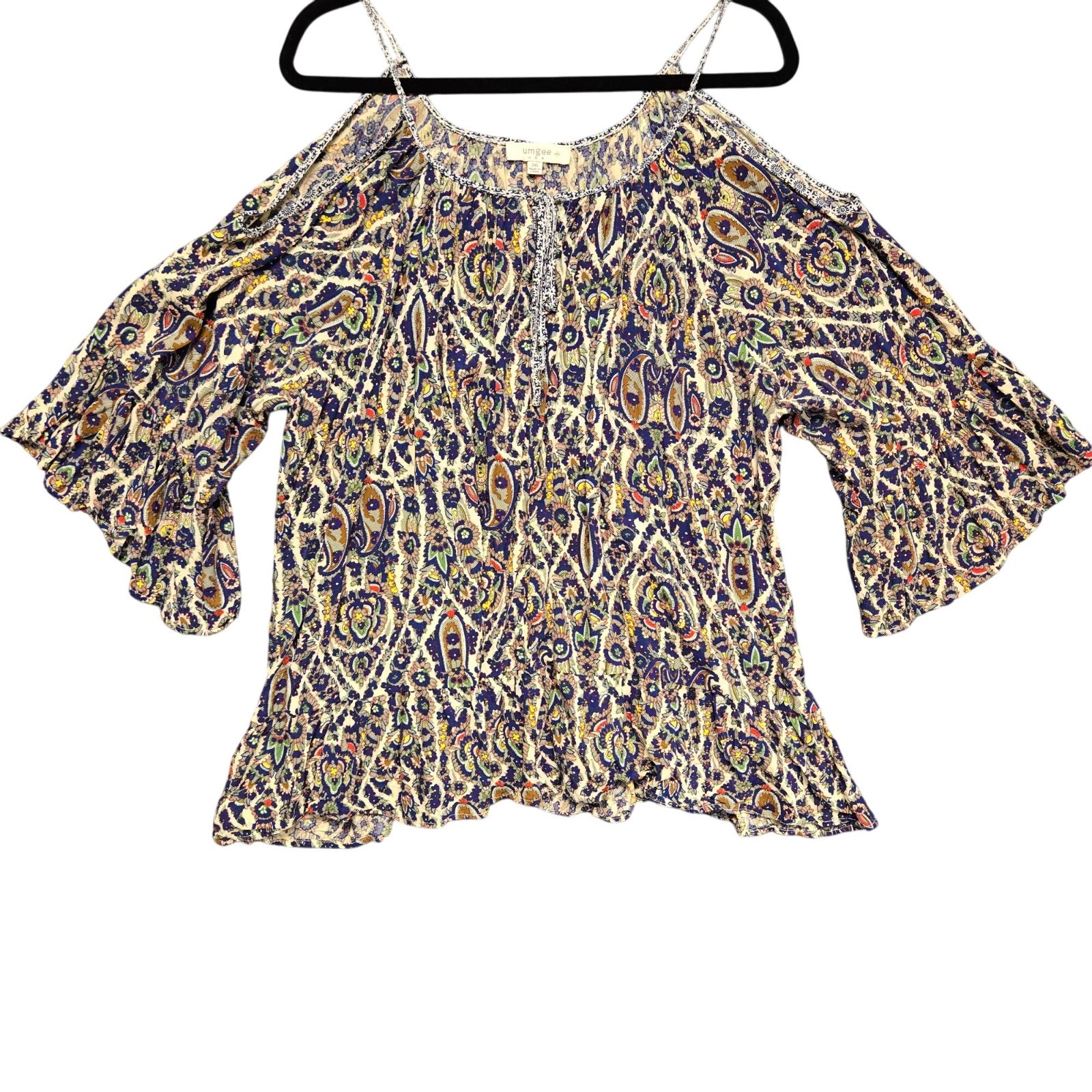 Umgee + Cold Shoulder Flowy Bell Sleeve Paisley Print Boho Blouse 2XL