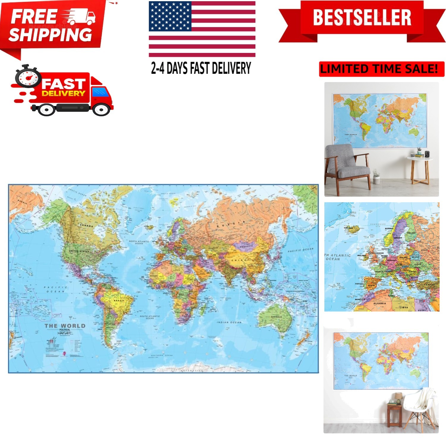 Giant World Map Poster - Mega-Map of The World - Front Sheet Laminated - 46 x...
