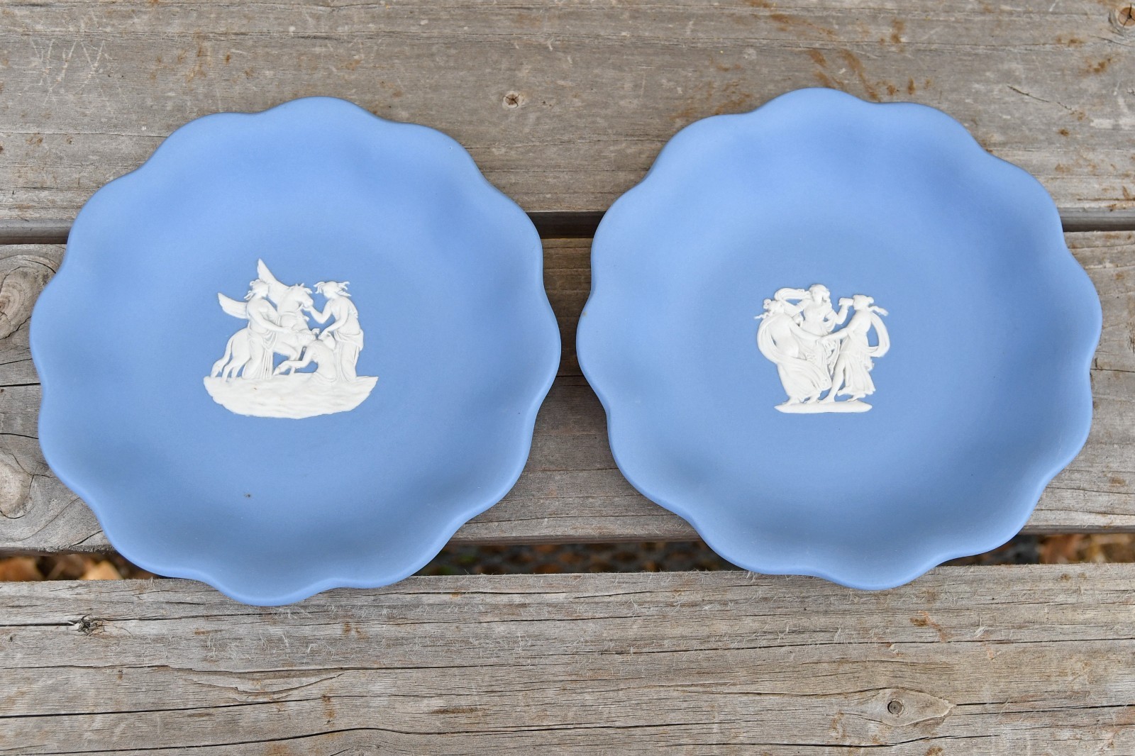 Wedgwood Blue Jasperware 5" Pegasus Three Graces Scalloped Trinket Pin Dish VTG