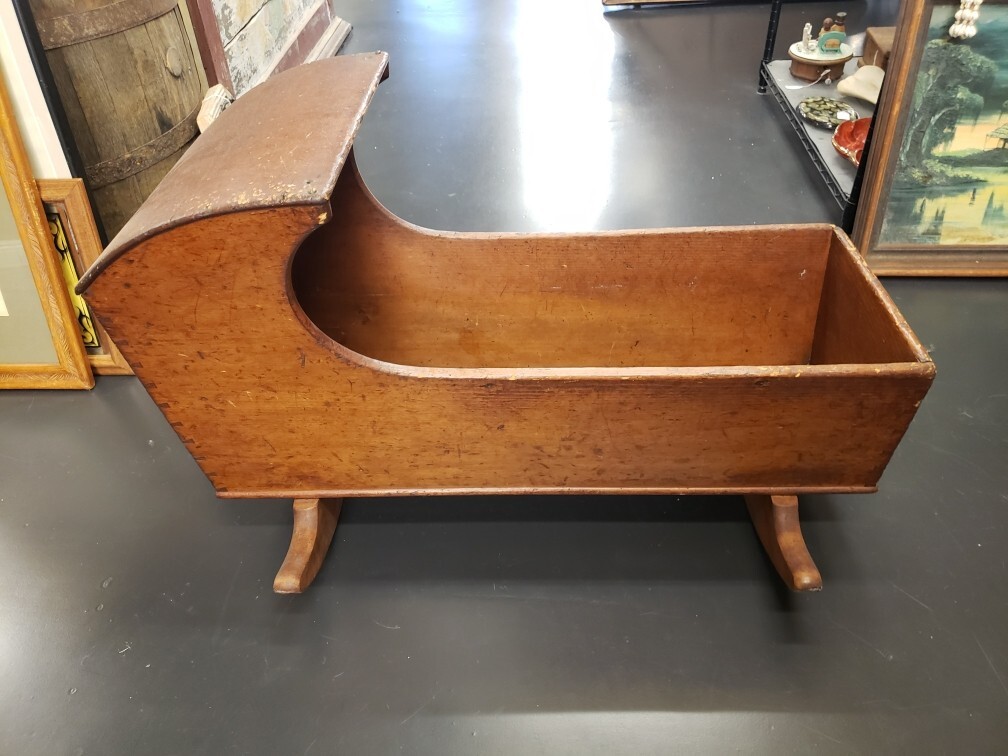 Circa 1760 Early Colonial Pine Wood Rocking Baby Cradle with Hooded Top