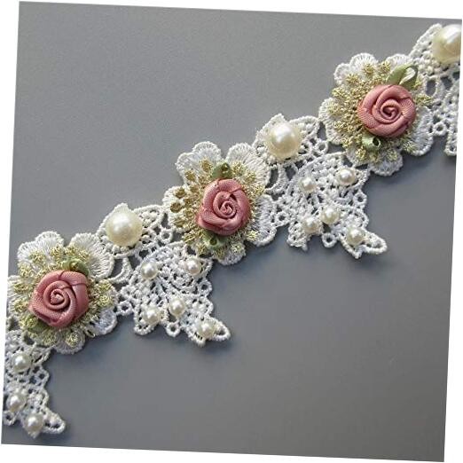1 Yard Vintage Gold Pearl Rose Flowers Embroidered Lace Trim Fabric Floral 5cm