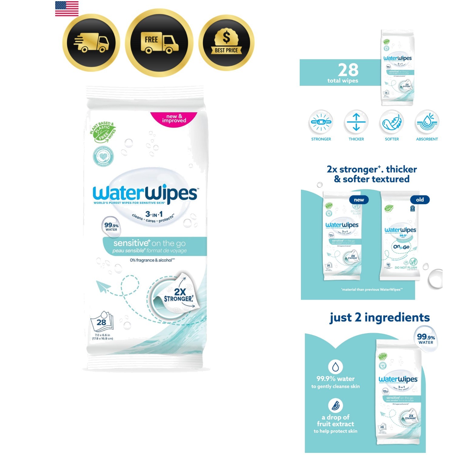 Sensitive+ On The Go Wipes, 3-In-1 Cleans, Cares, Protects, 99.9% Water, Unsc...