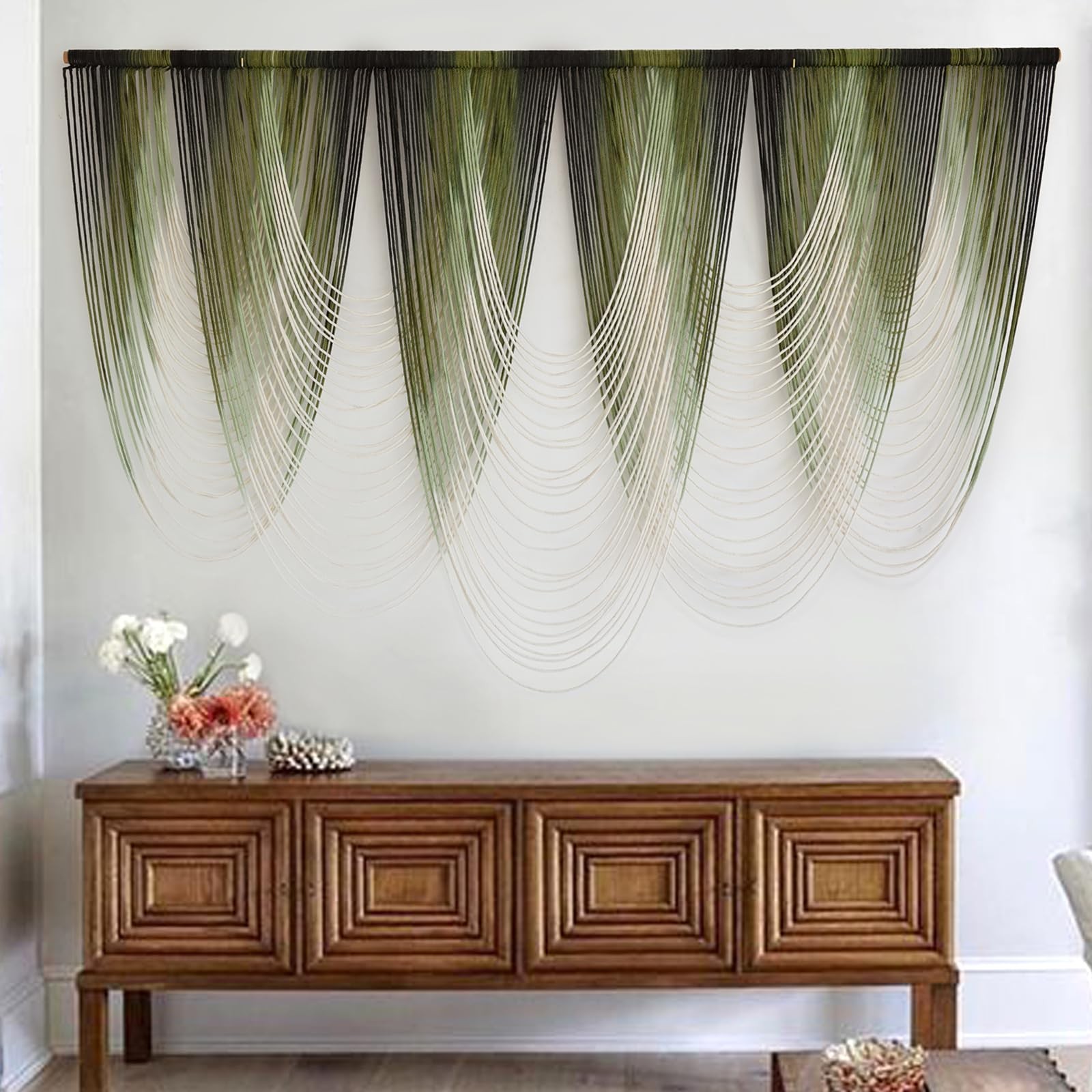 Macrame Wall Hanging Dip-Dyed Large Decor Yarn Tapestry 57" W x 41" L Green