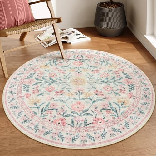  Boho Light Pink Round Rug 4ft, Washable Small Circle Rugs for Bedroom Kids, 