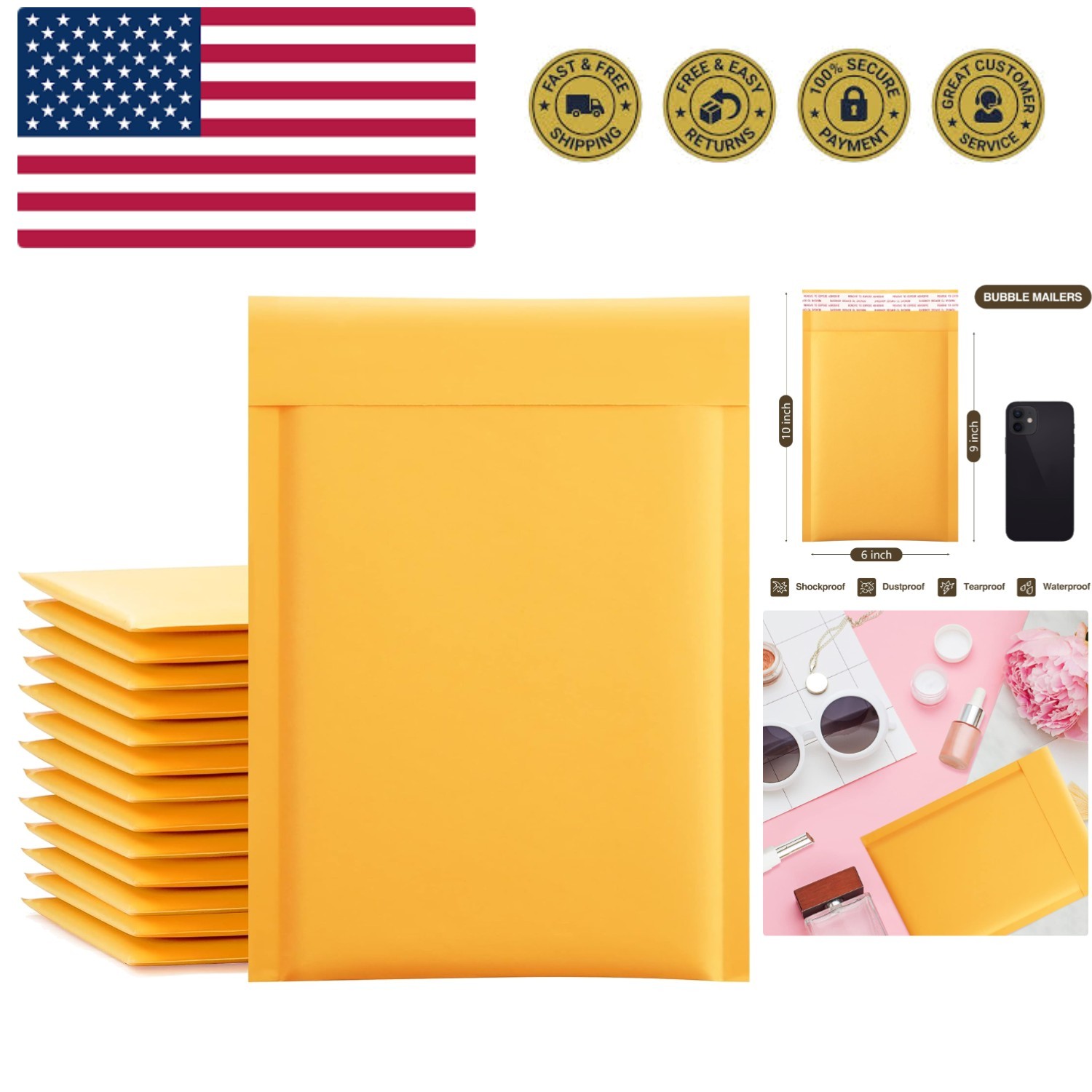 Kraft Bubble Mailers 6x10 Inch 50 Pack Usable Size 6x9 Inch Yellow Padded Env...