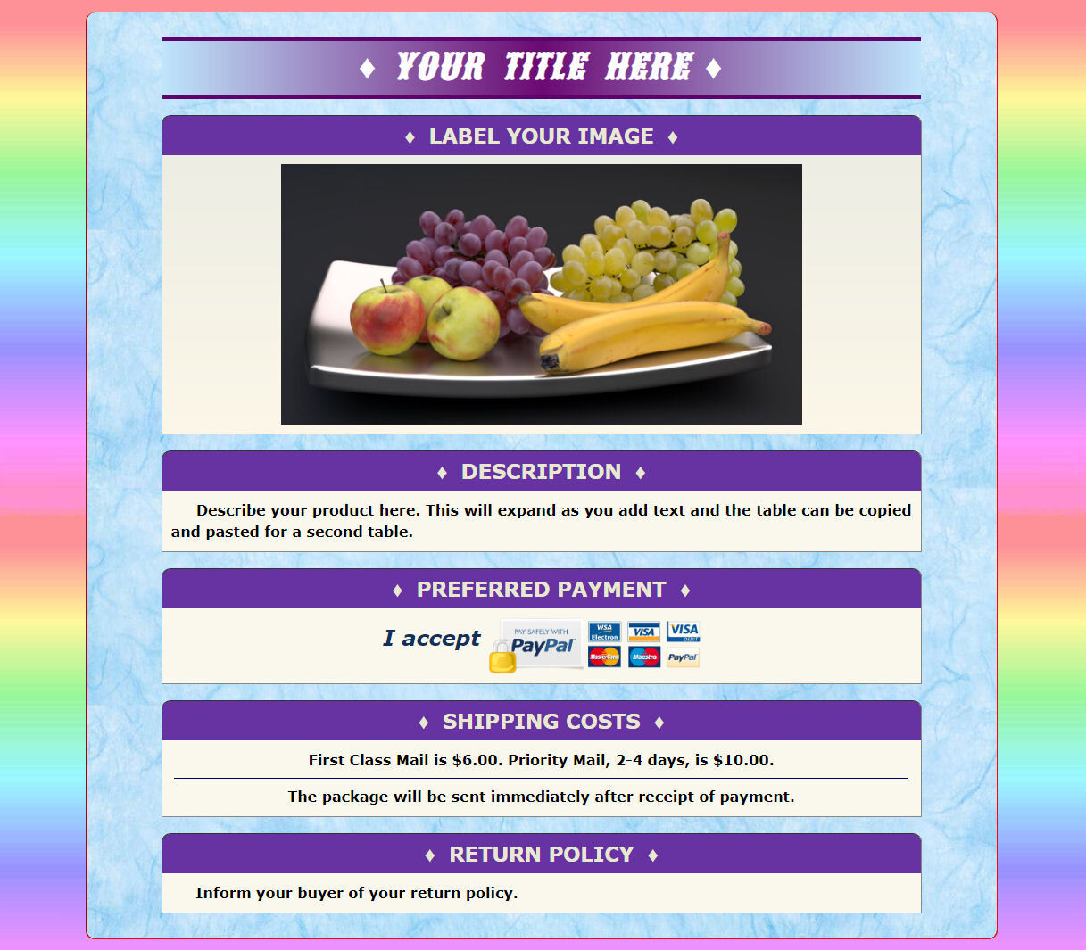 AUCTION TEMPLATE Rainbow Blue Color Combination Design - FREE Email Shipping