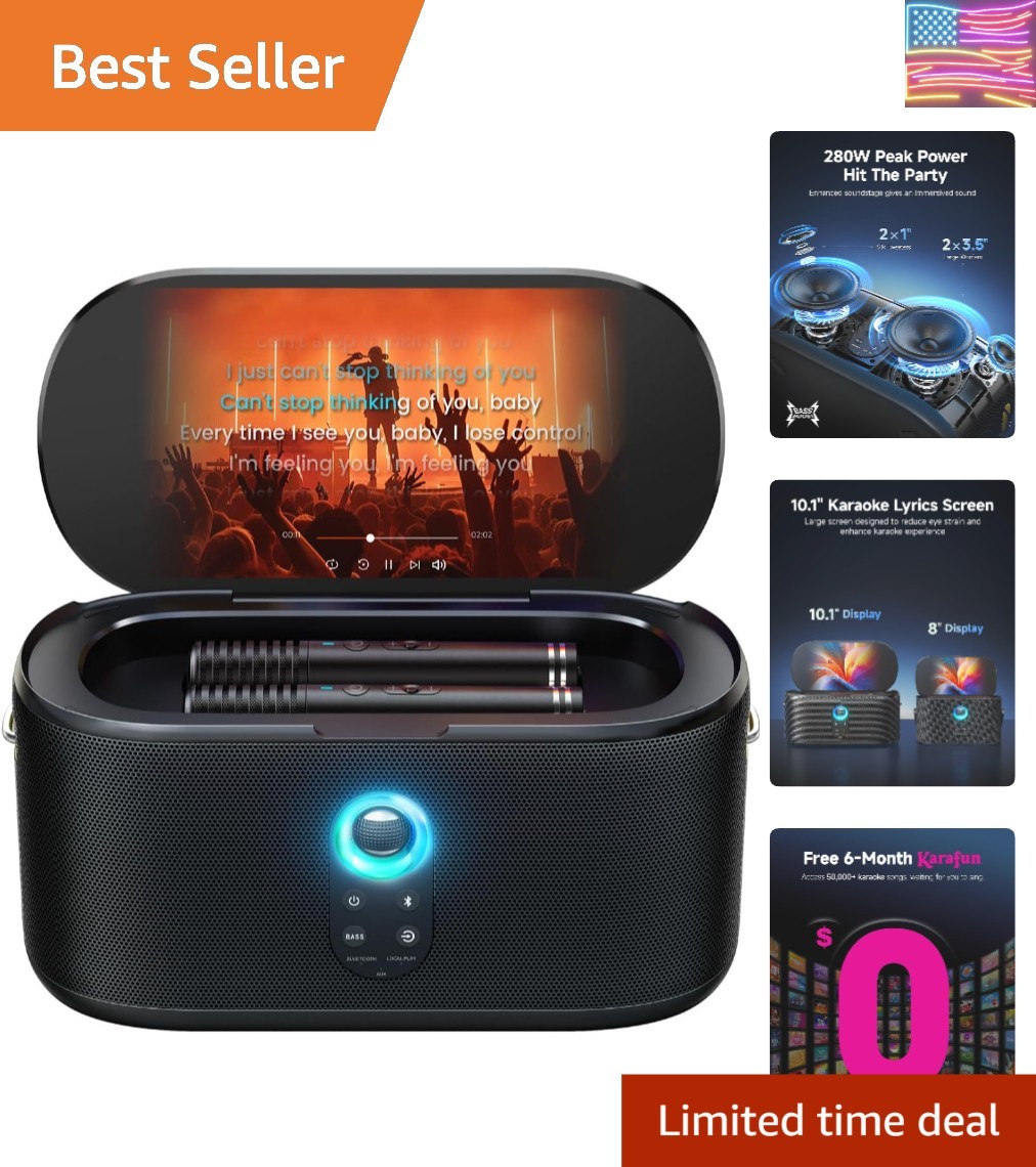 Karaoke Machine for Adults, with Lyrics Display, 10.1" Screen, 280W, 2+2 Chan...
