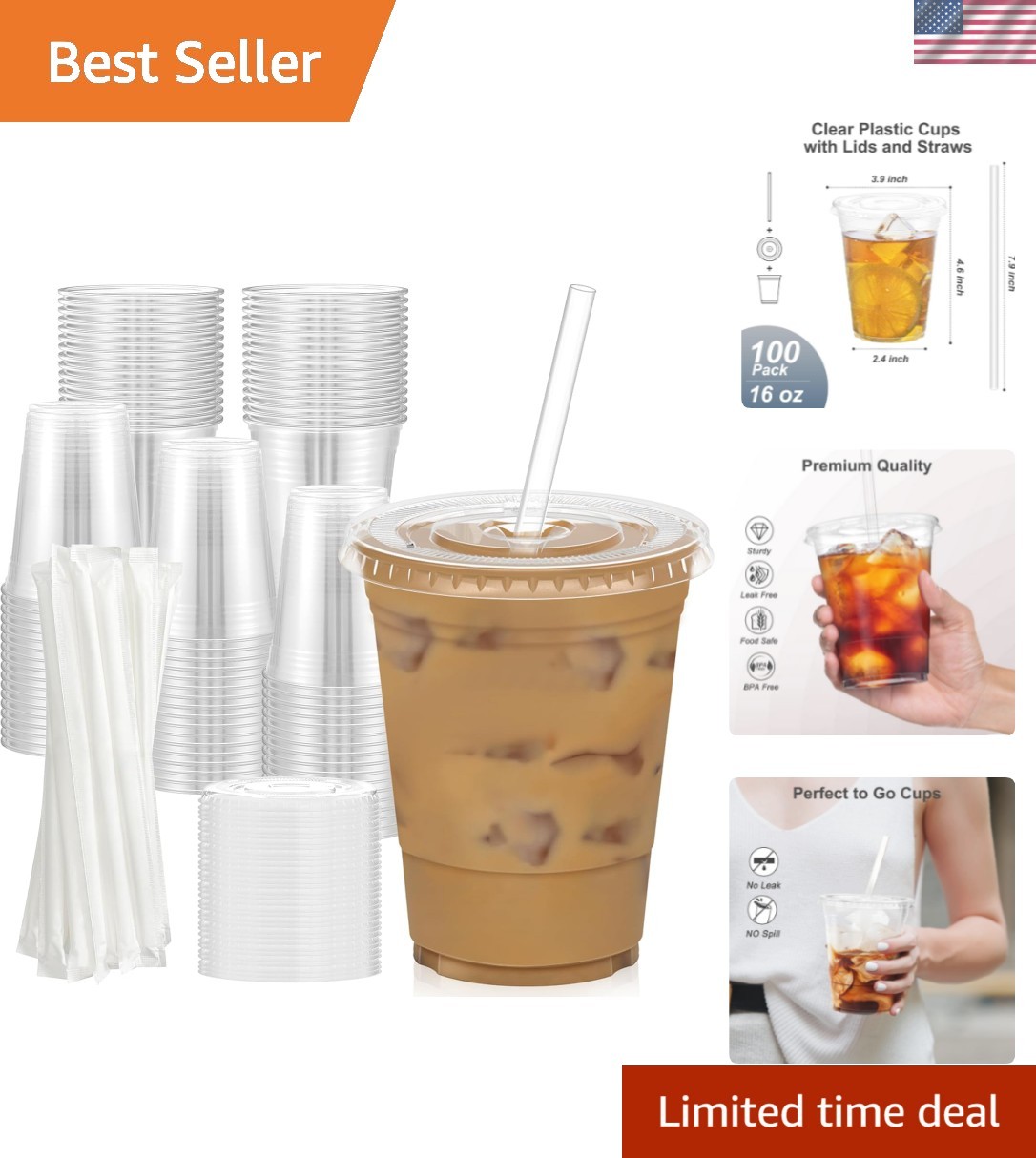 100 Pack - 16 oz Clear Plastic Cups with Lids and Straws, Sturdy & Food Safe ...