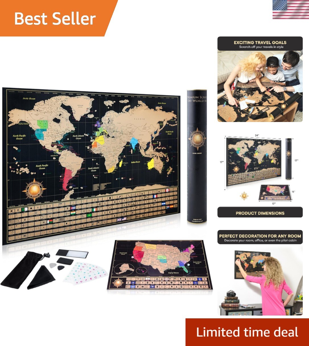 Detailed Scratch-Off World Map - 17x24 Travel Tracker with Memory Accessories