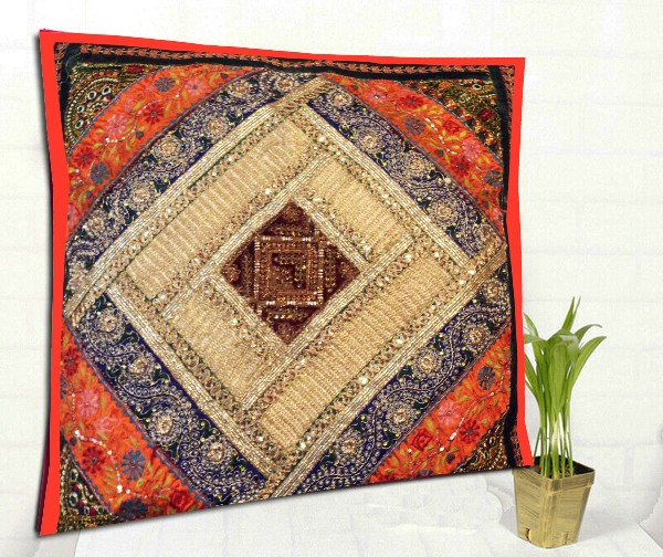 24" TRADITIONAL SARI BEADS SEQUIN HANDCRAFTED THROW TOSS CUSHION PILLOW COVER