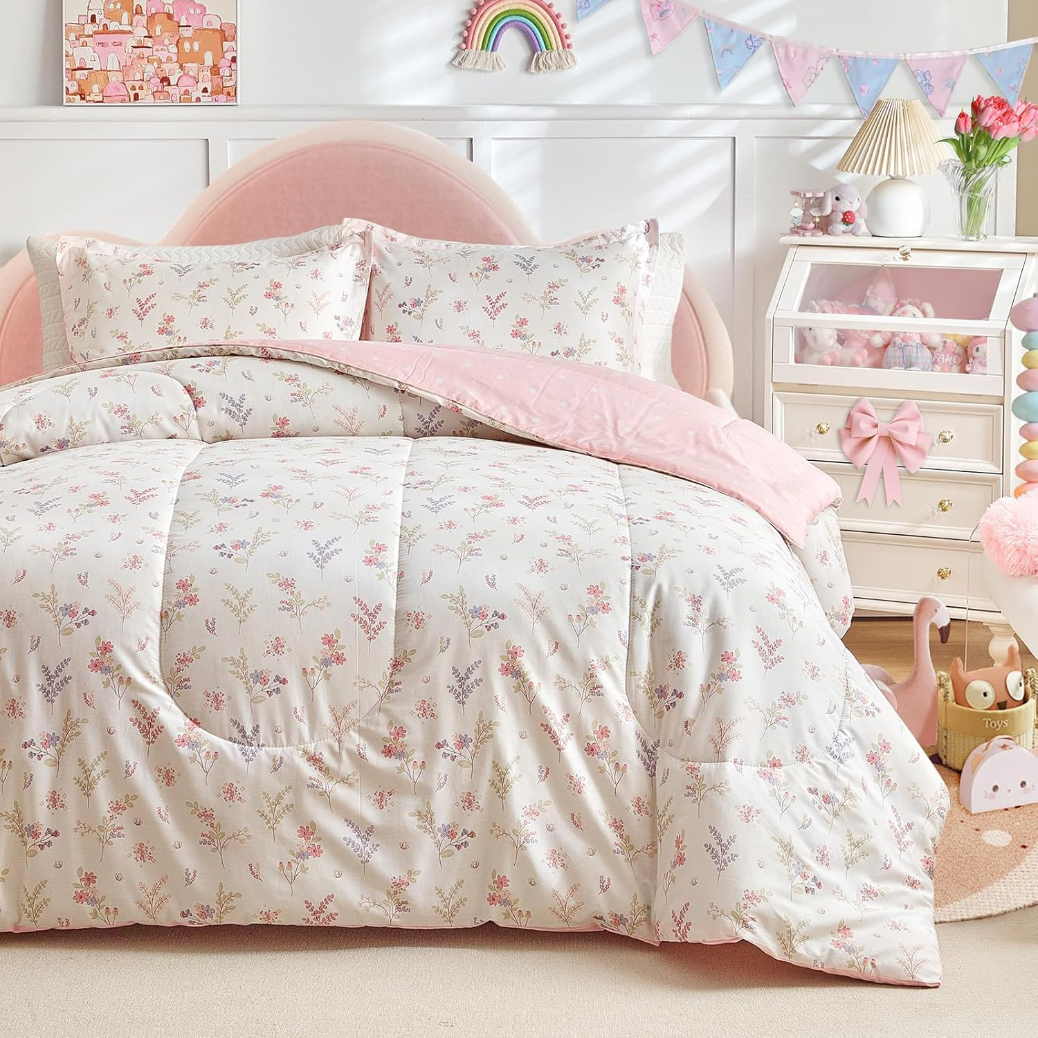 3Pcs Cotton Comforter Set for Girls, Pink Floral Design, Twin Size Soft N Cozy B