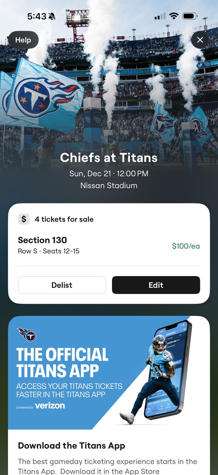 4 tickets lower bowl tickets tennessee titans vs kansas city chiefs 12/21/2025