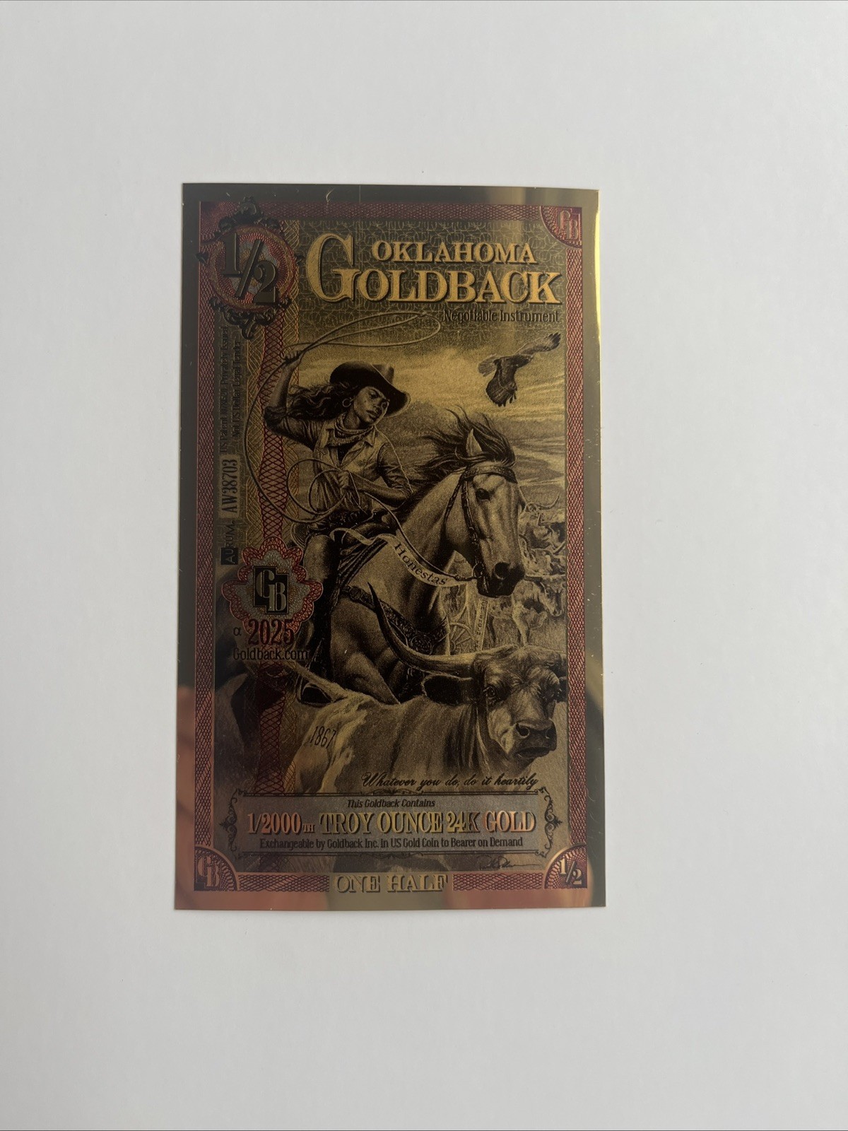 2025 - 1/2 OKLAHOMA GOLDBACK Aurum Gold Foil Note - 24K gold 1/2000 oz.