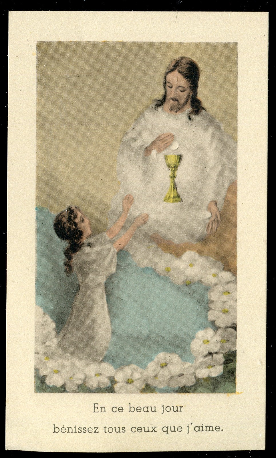 ANTIQUE  HOLY CARD OF COMMUNION GIRL WITH JESUS