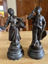 Antique French Spelter Statuettes Set Bouquetiere & Crier Street Vendors FRANCE