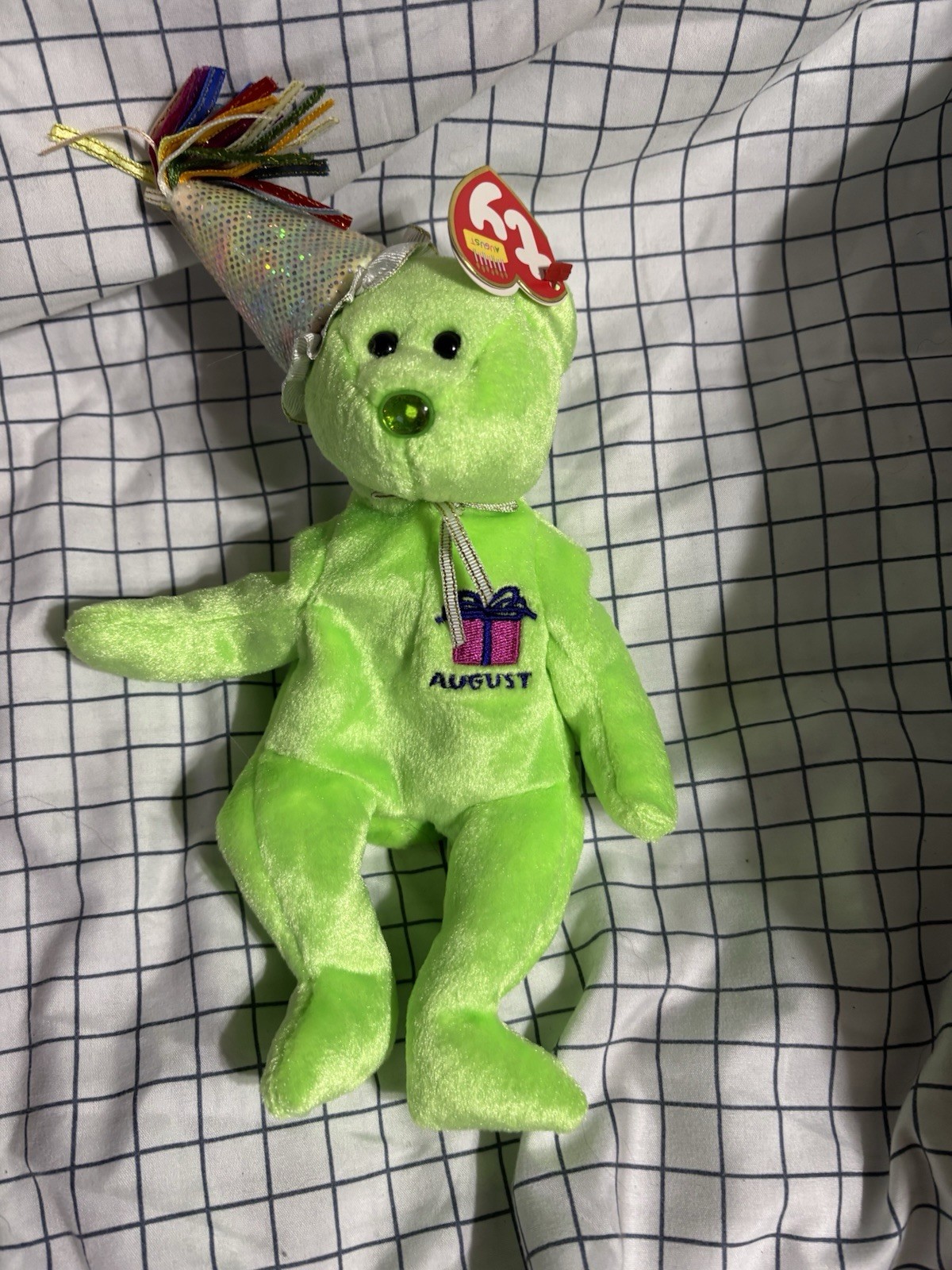 Ty August Bear Plush Birthday Beanies Collection Green with Party Hat