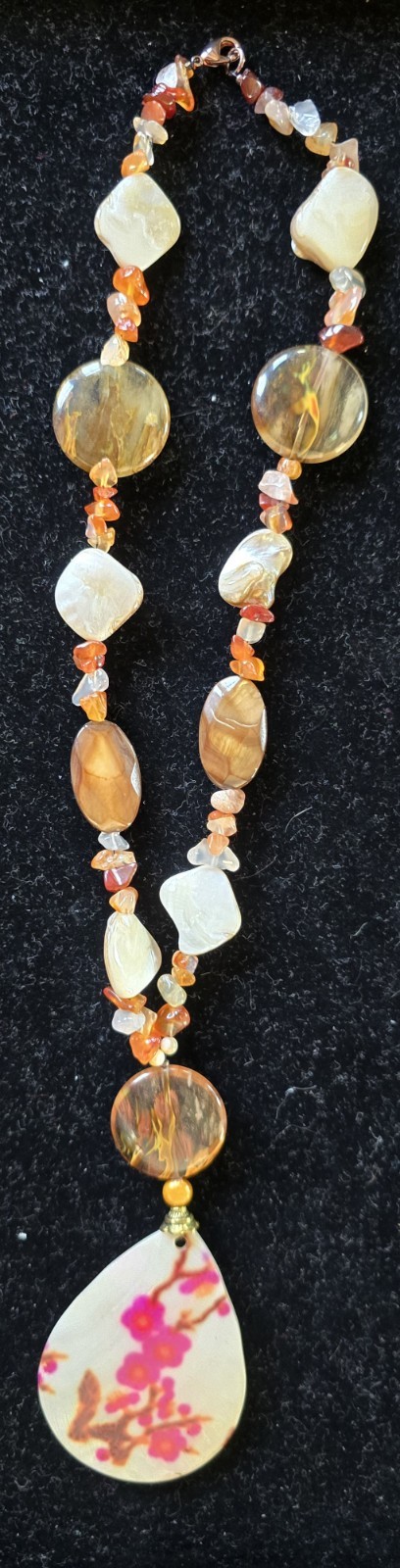 Handcrafted Shell Stone Beaded Pendant Necklace White Pink Brown Teardrop Floral