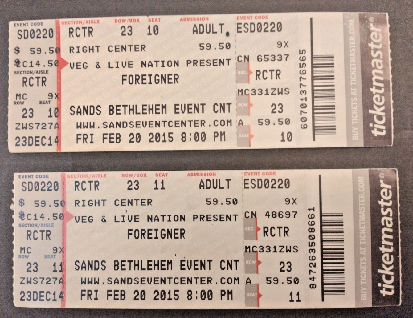 Lot/2  Foreigner Concert Ticket Stub 2015 Sands Event Center Feb 20 Bethlehem Pa