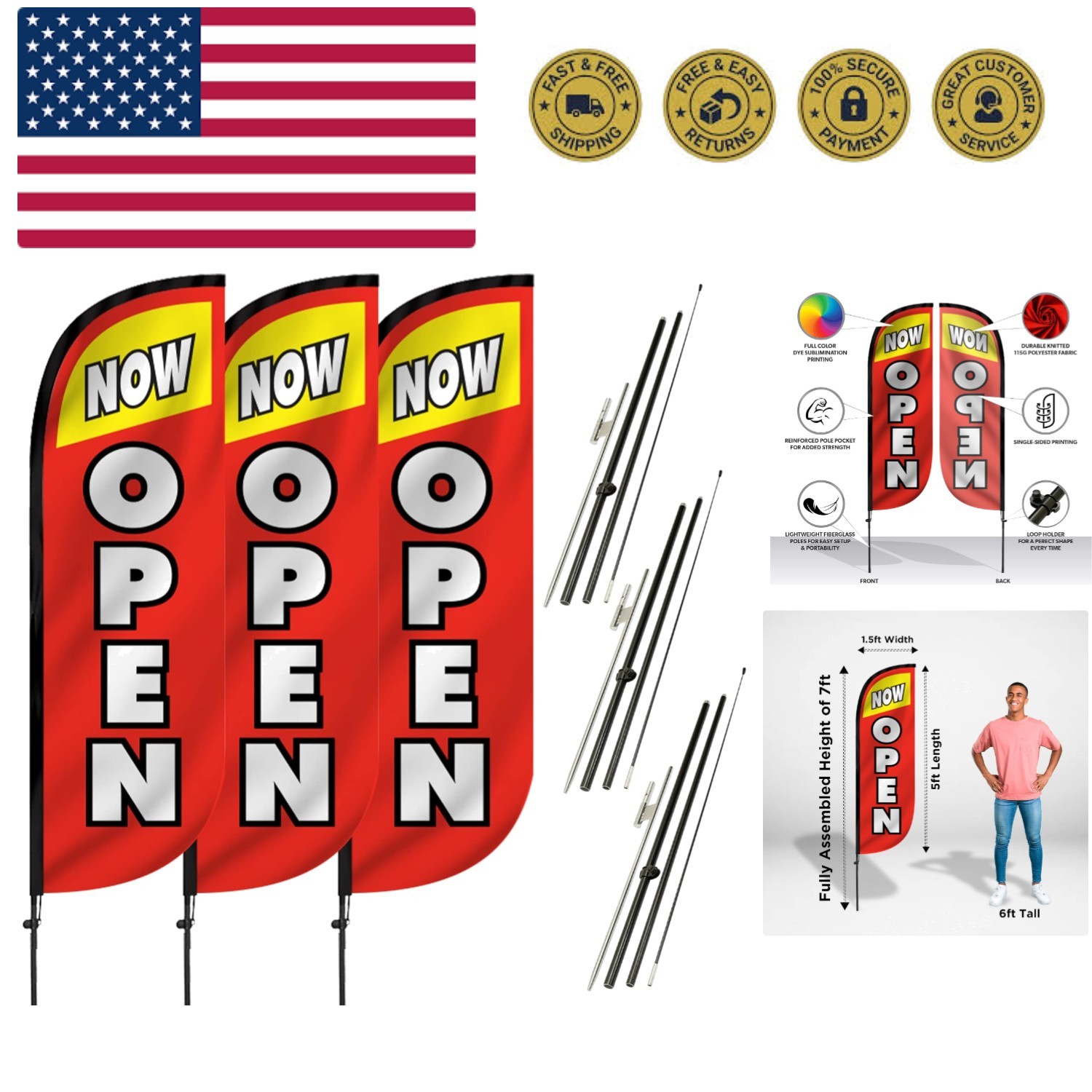 Feather Flag Pole Kit 3-Pack Bundle - 7ft Tall Grand Opening Advertising Bann...