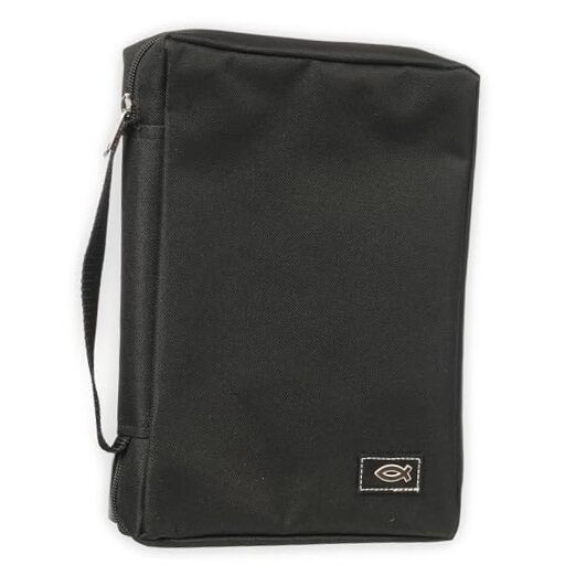  Men or Women's Bible Cover Secure Zipper Jesus Fish, Black Canvas, Large 
