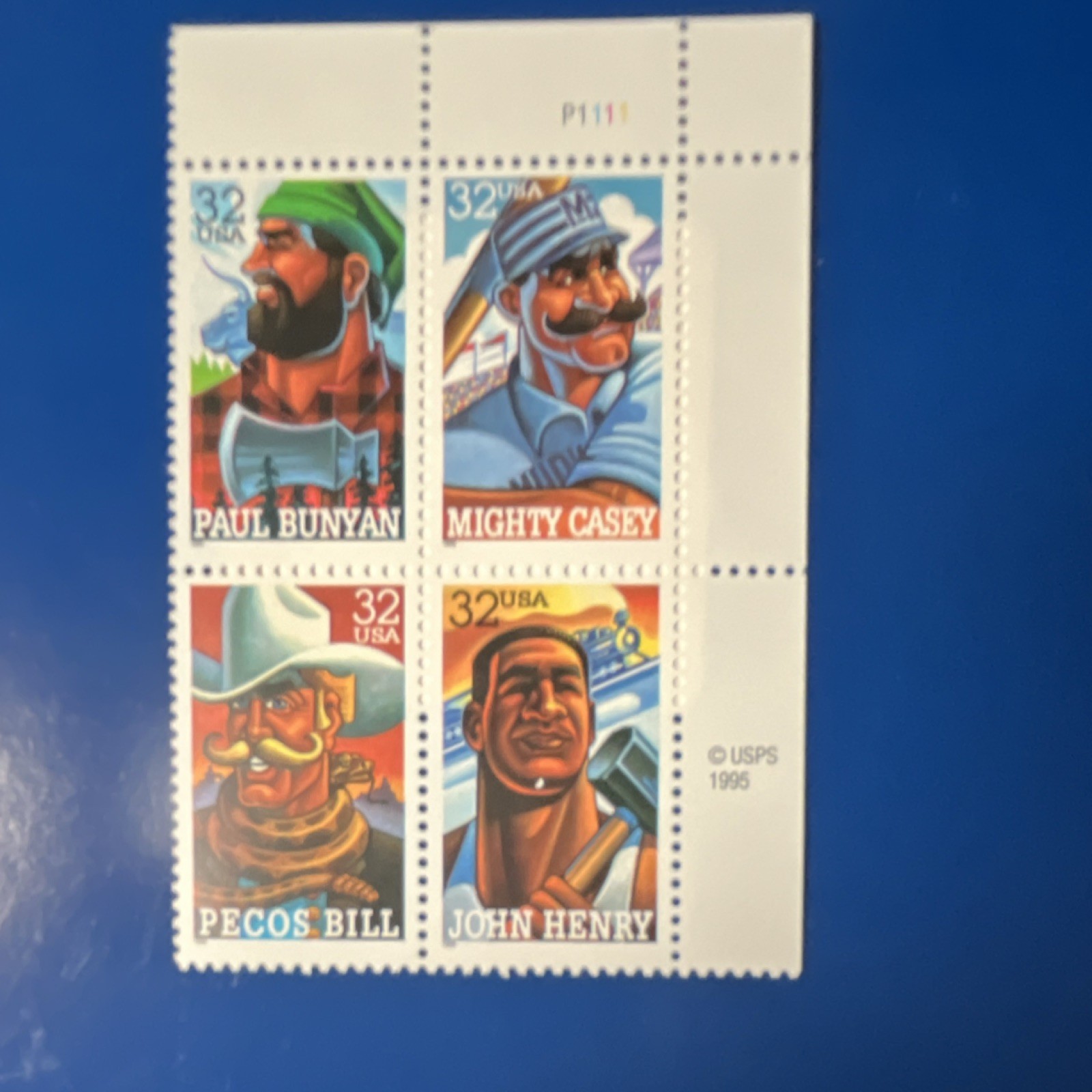 USPS 1995 32 Cent Plate Block MNH American Folklore Paul Bunyan Pecos Bill