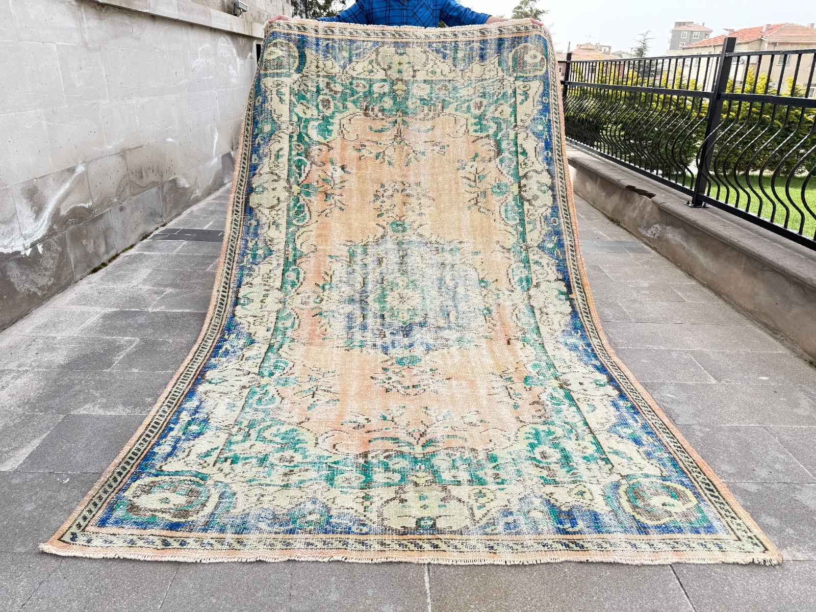 6x10 Vintage Turkish Rug Turquoise Peach Oushak Distressed