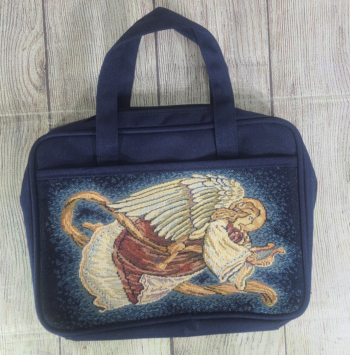 Vintage Tapestry Angel Bible Cover Carry Case Bag Navy Blue Handles Zipper