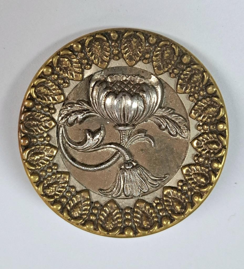 Antique Twinkle Picture Button Pewter Flower And Stamped Brass 1-1/2" Mirrored