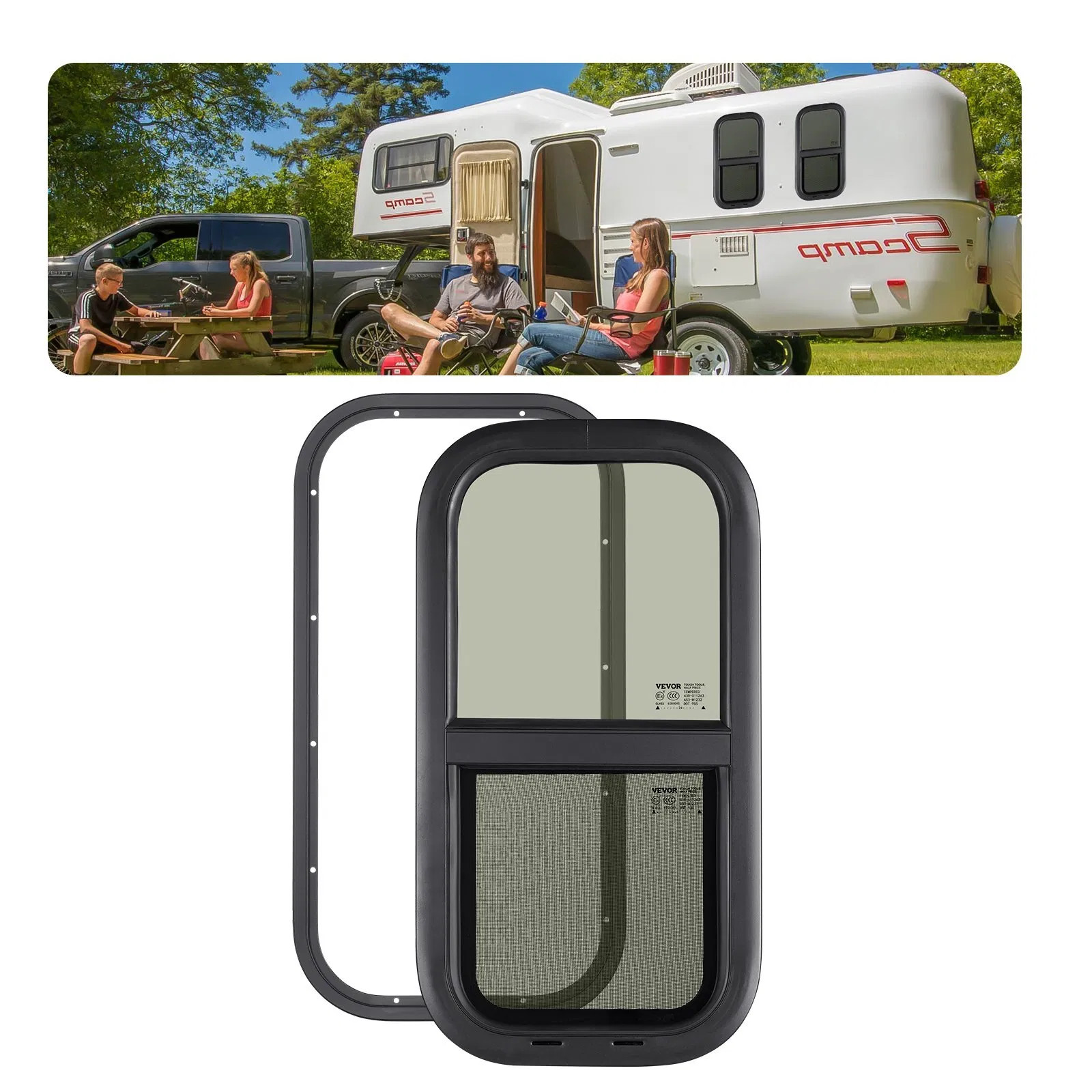 Vertical RV Window, 12" W x 24" H Tinted Sliding RV Window with Net Screen & Tri