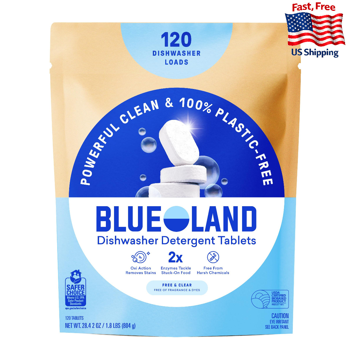 BLUELAND Plastic-Free Dishwasher Detergent Tablets, 120 Count, Free & Clear