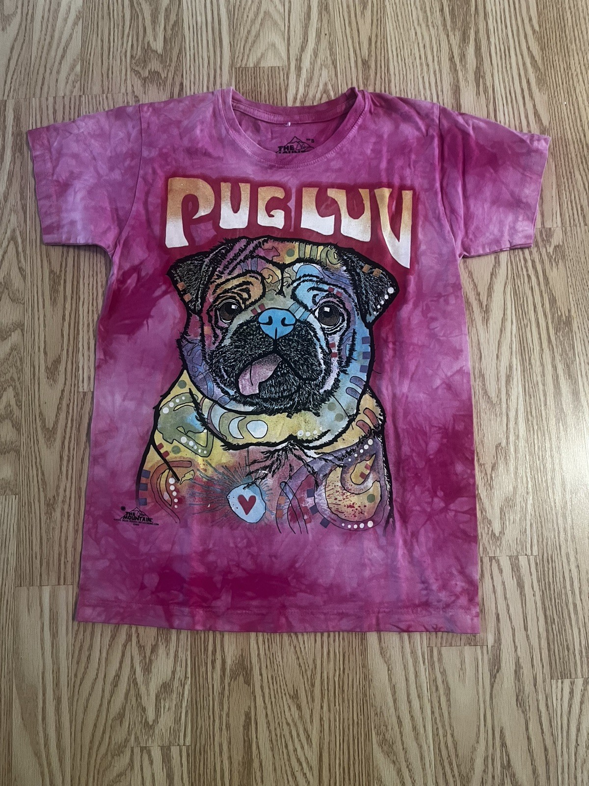 The Mountain Pug Luv Tie Dye T-Shirt Pink Small Colorful Dog Graphic