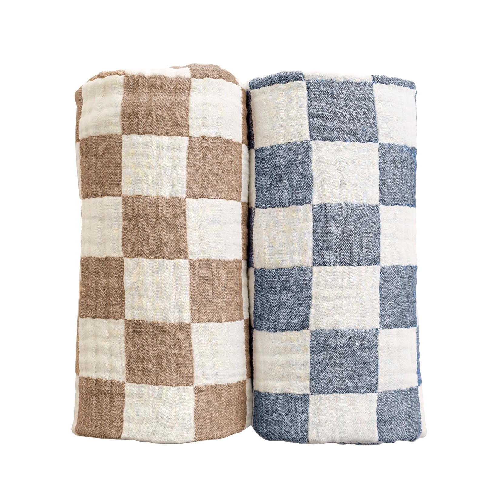 Ultra Soft Checkered Muslin Baby Blanket Pack 42X 42 Inches, Blue and Coffee 