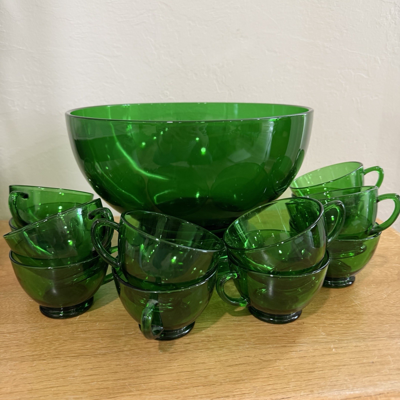 14pc Anchor Hocking Forest Green Glass Punch Bowl Set w Base & 12 Cups 1960s MCM