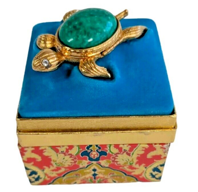 Avon Gold Tone Sea Turtle Mottled Green Back Solid Perfume Holder Compact Empty