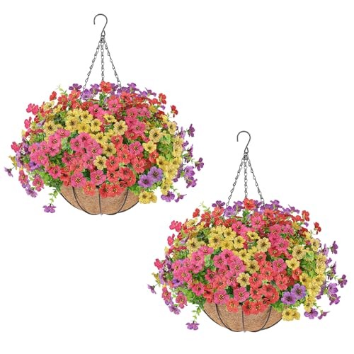 Artificial Flowers Hanging Plants in Basket,Artificial Hanging 2PCS Multi Color