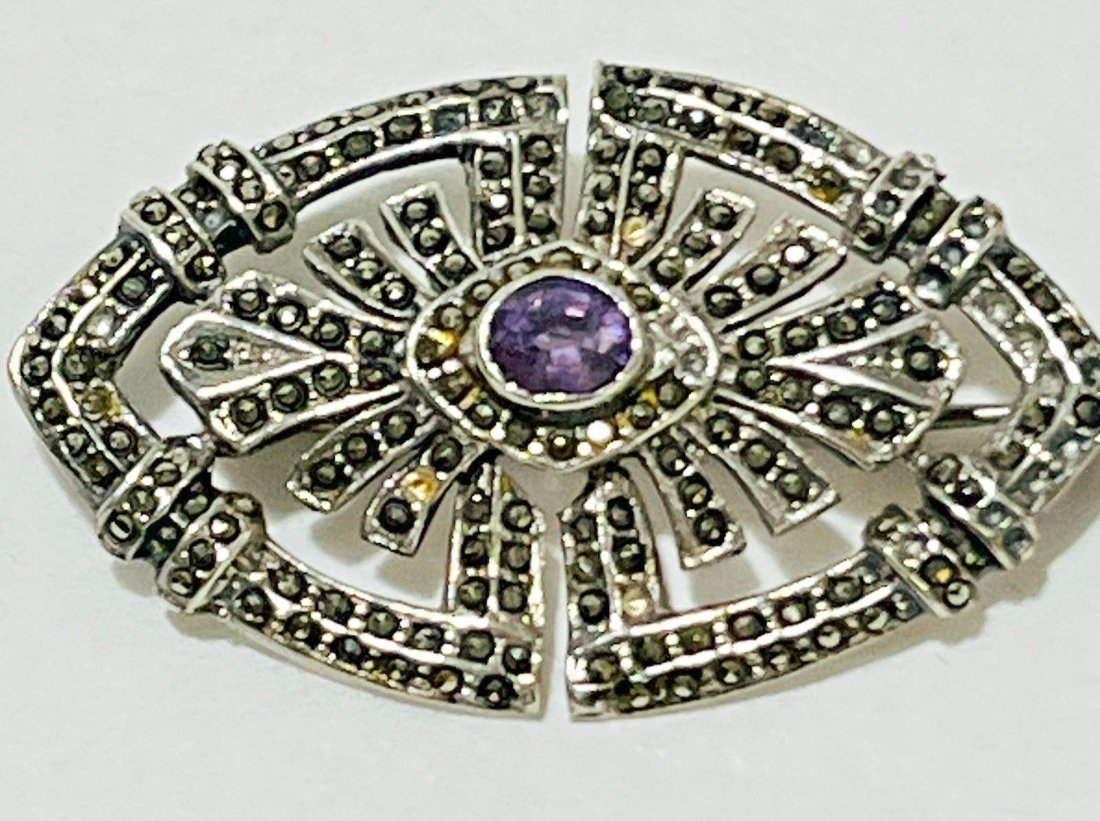 Vintage Sterling Silver Marcasite Amethyst Pin Brooch As Is Msg Stones