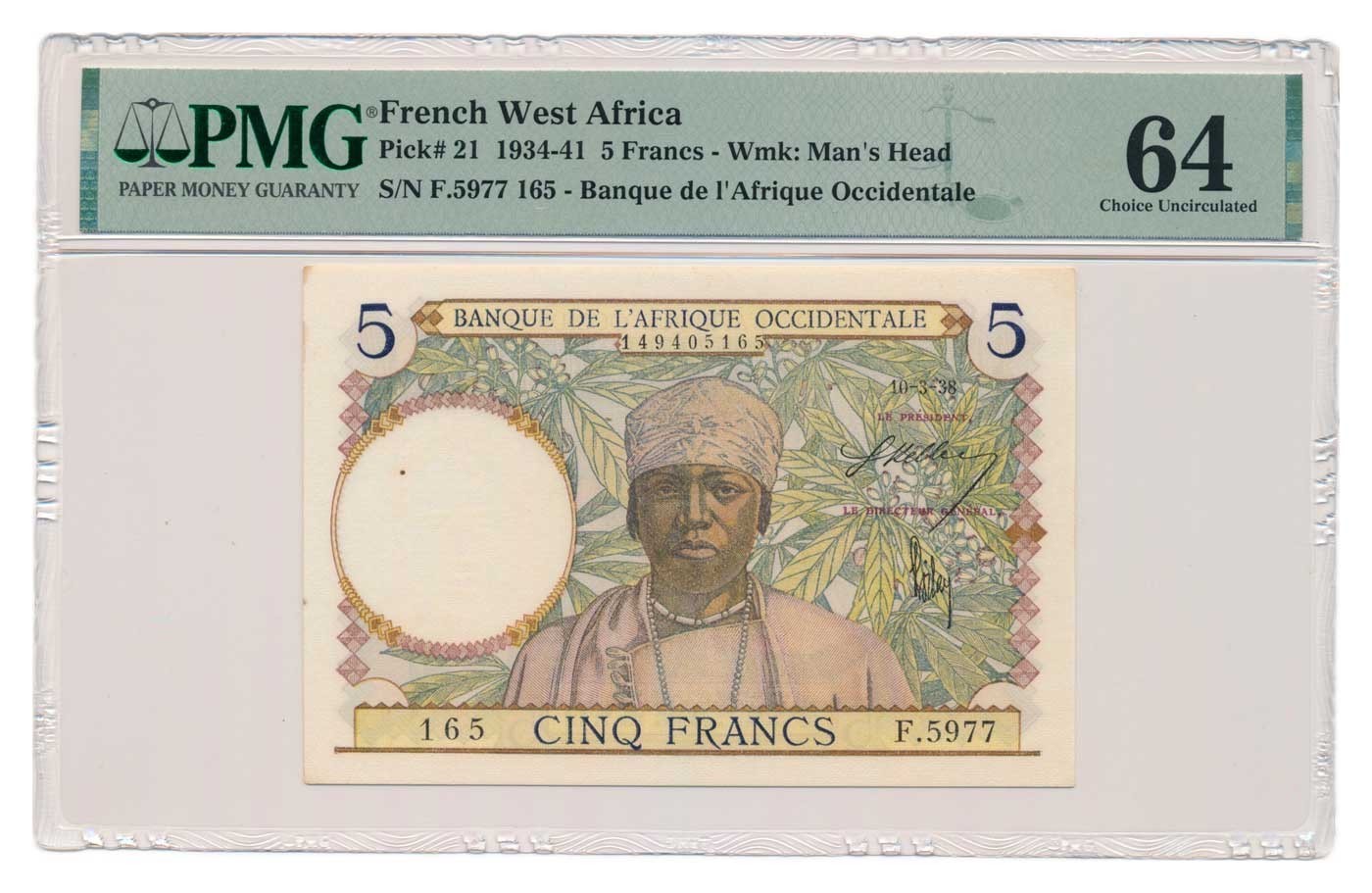 FRENCH WEST AFRICA banknote 5 Francs 10.3.1938 PMG MS 64 Choice Uncirculated