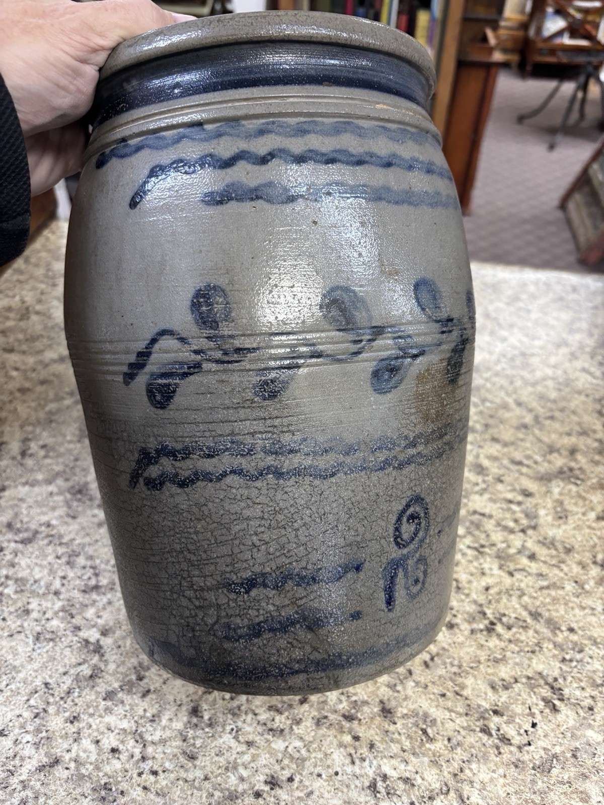 Antique Greensboro PA freehand Boughner Stoneware Crock Salt Glazed. 12x7x7"