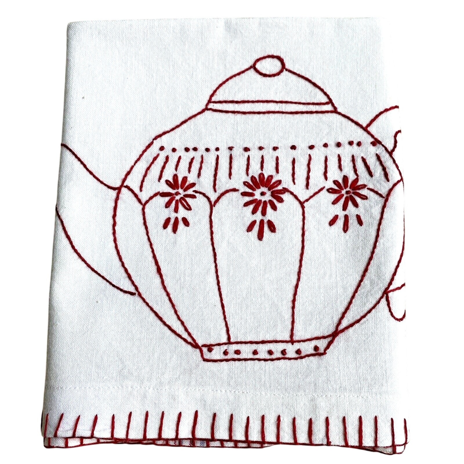 White cotton muslin kitchen tea towel red embroidery finishes country farmhouse