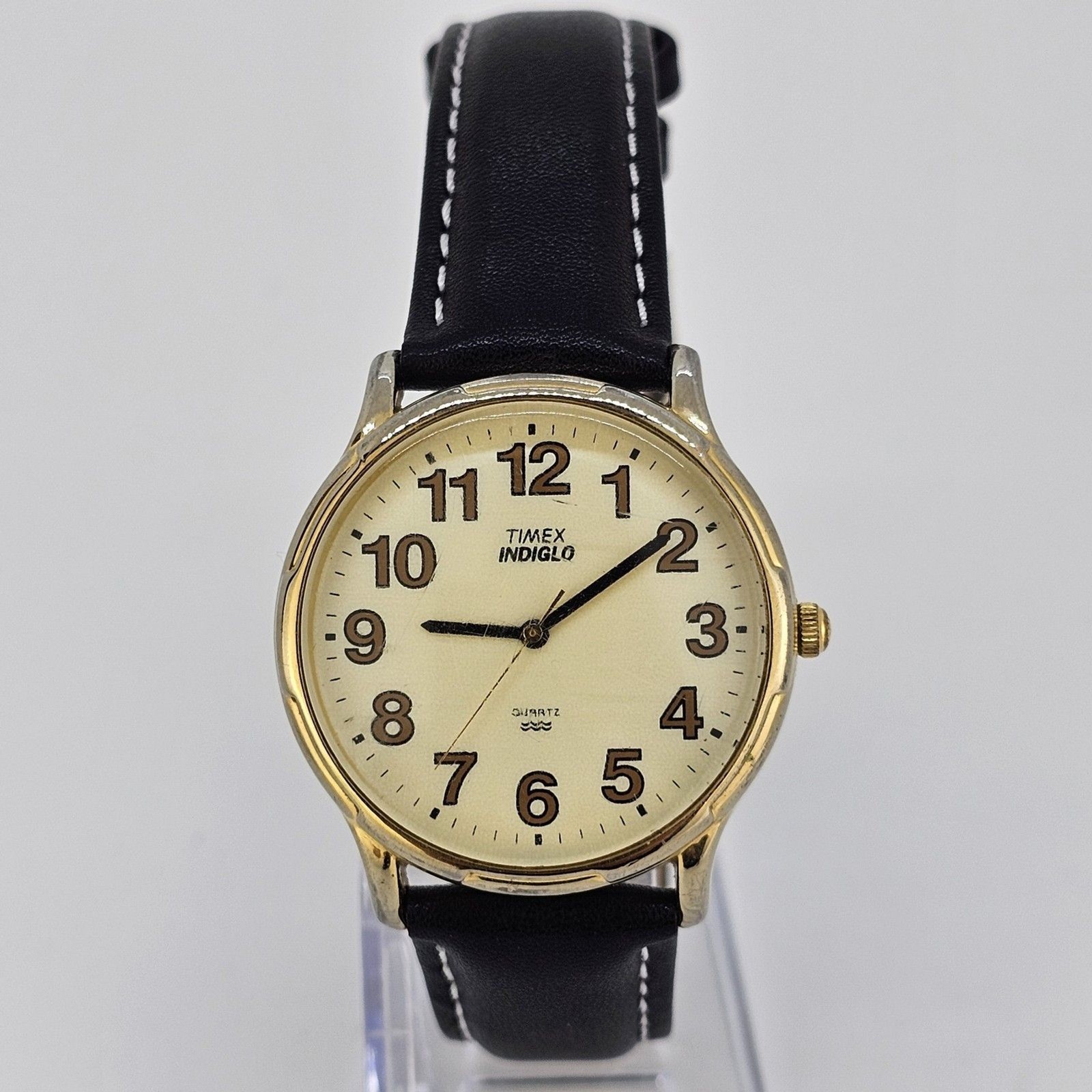 Timex Men's Watch 35MM Gold Dial New Black White Leather Bands New Battery