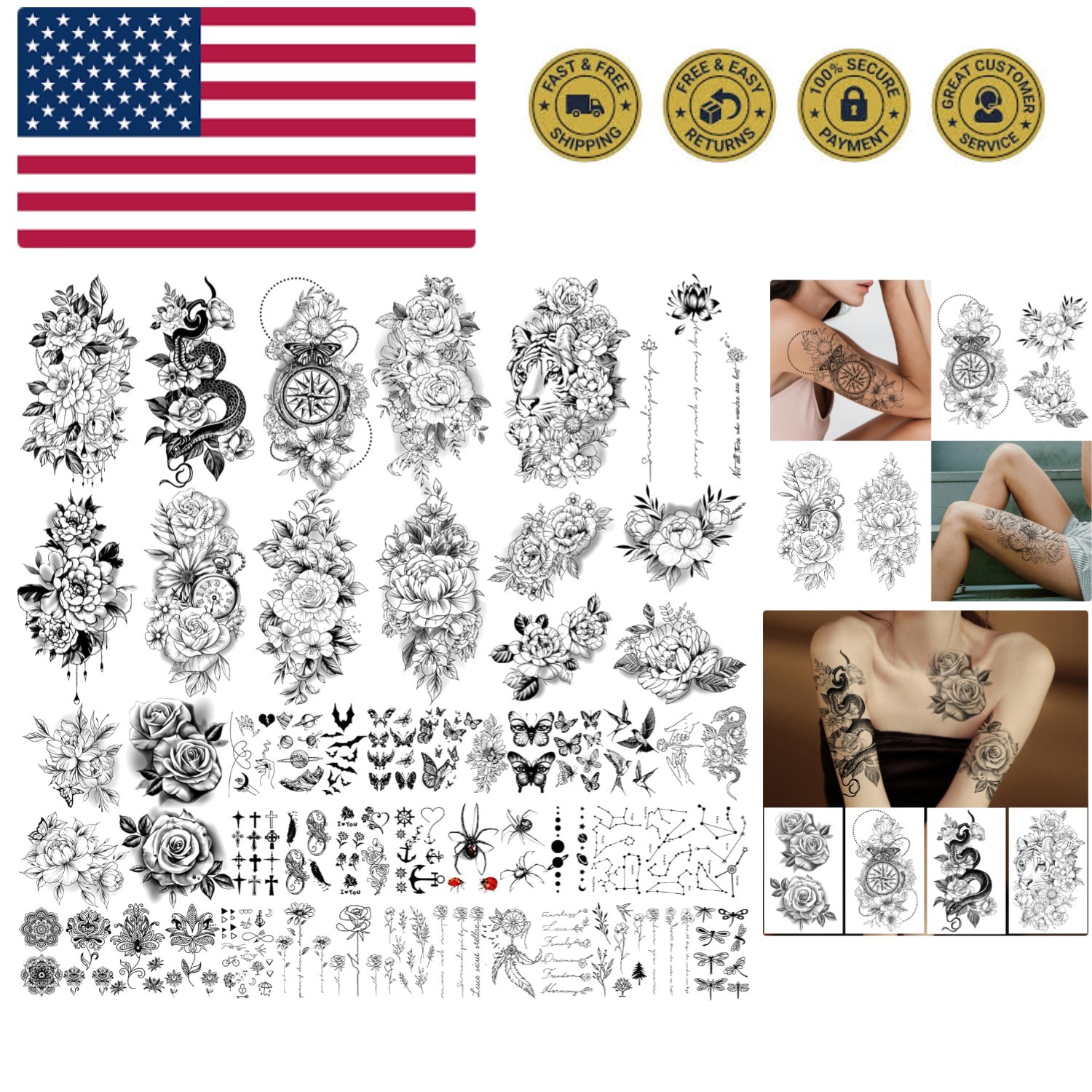 49 sheets large sexy flowers collection waterproof temporary tattoos lasting ...