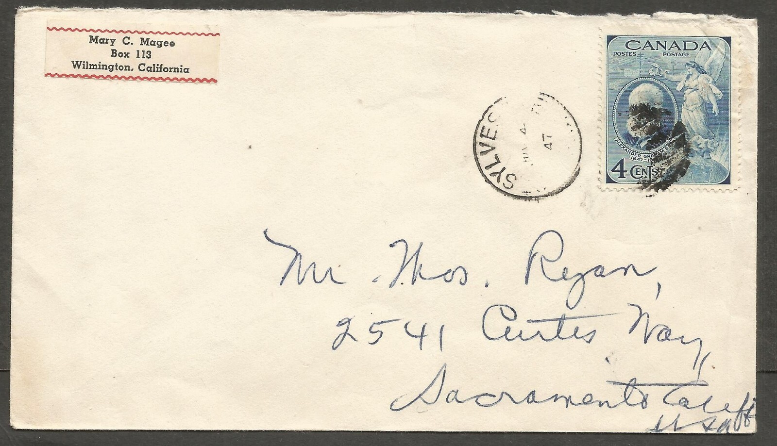 1947 Cover 4c Bell St Sylvestre Quebec
