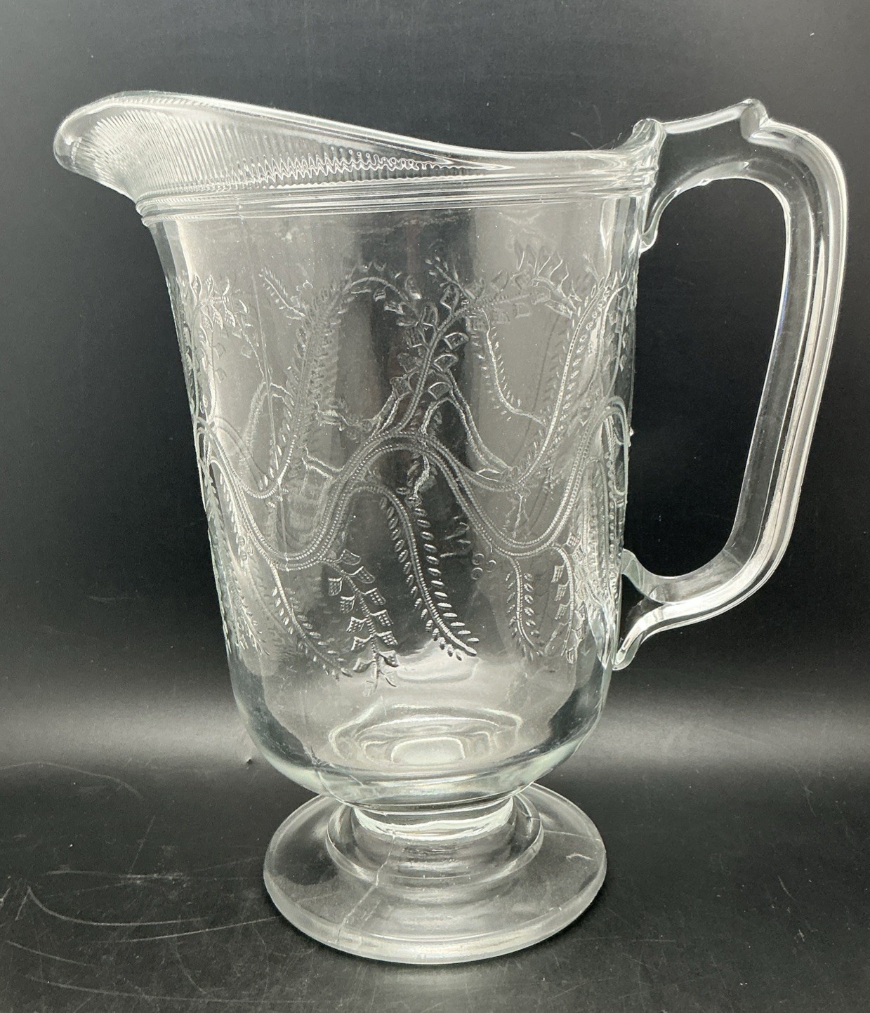 Vintage/Antique EAPG 9” Clear Glass Water Pitcher Etched Victorian Fern & Vine