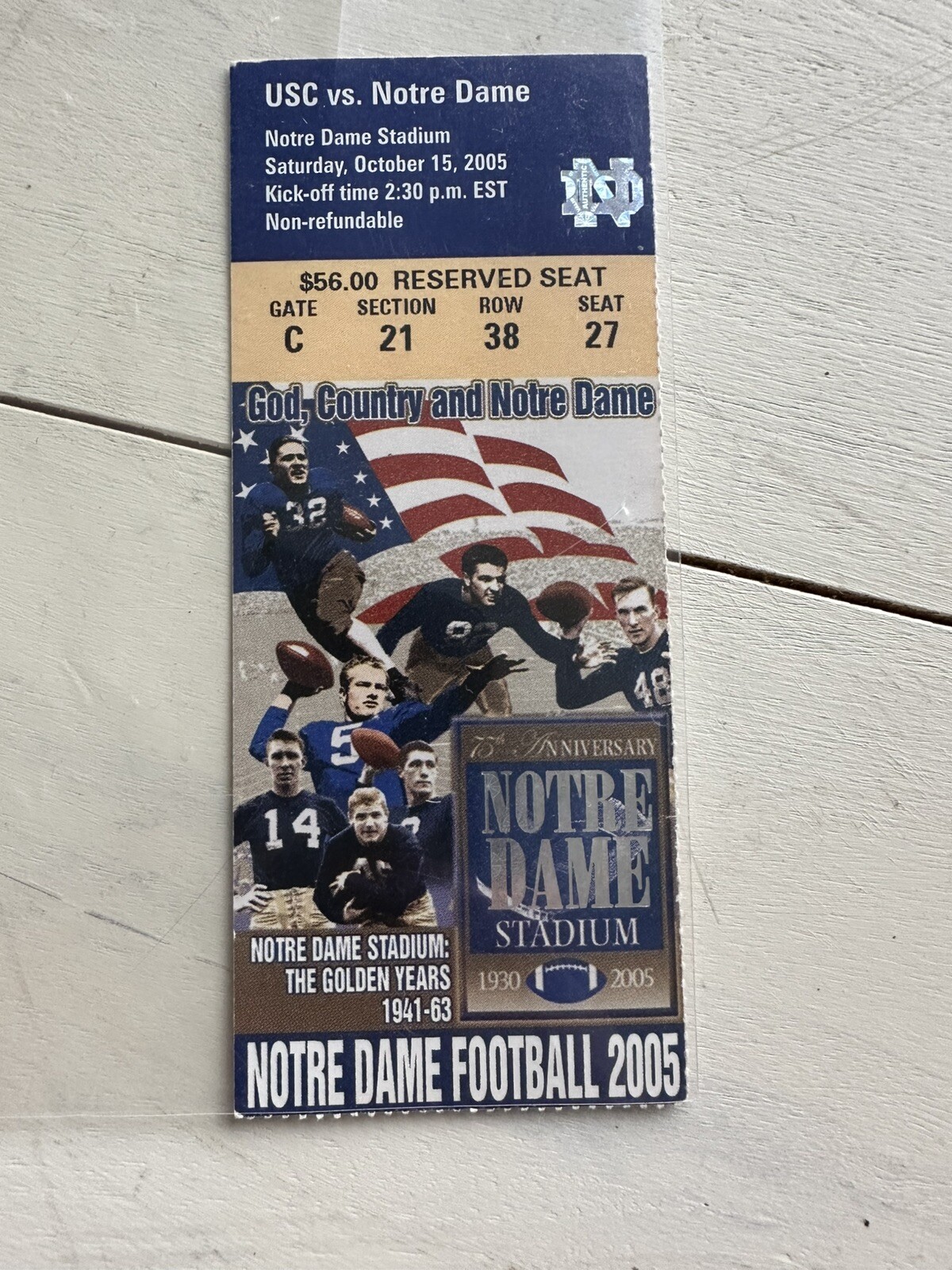 10/15/05 Notre Dame USC Bush Push LeinartTD Game Used Football Ticket Stub