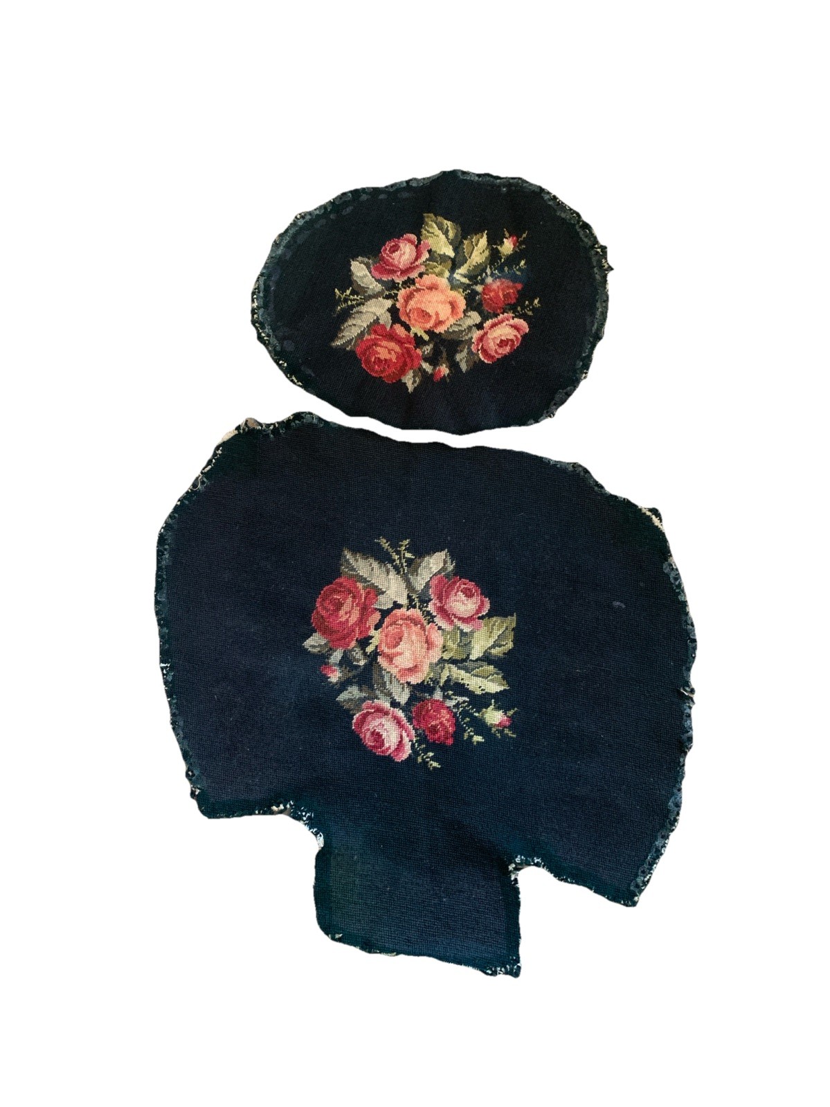 Antique Needlepoint Tapestry Green  Chair  Covers Rose Bouquet  Green ( 2) Pair