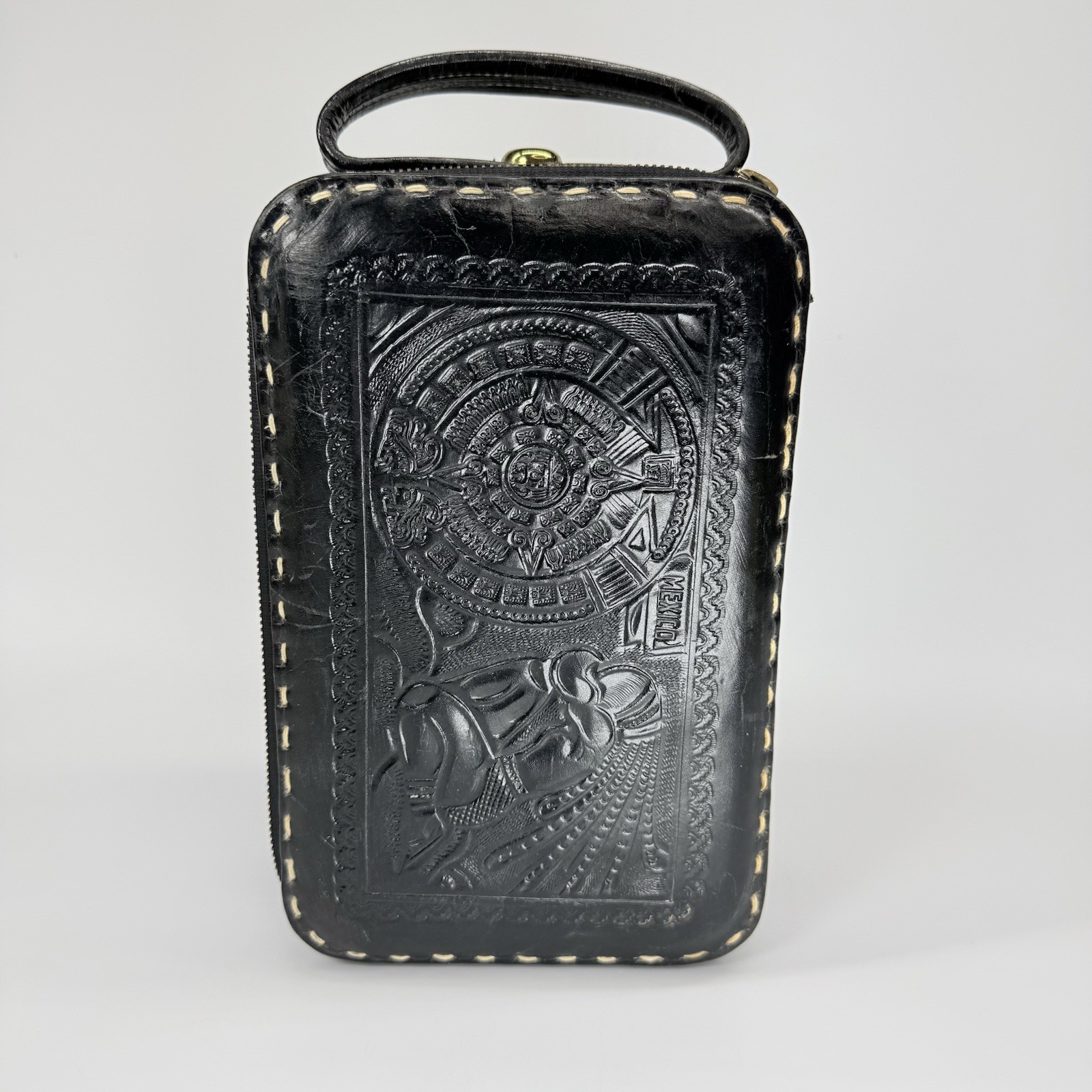 Vintage Mexican Hand-Tooled Leather Travel Bag Handcrafted In Mexico 1950s￼